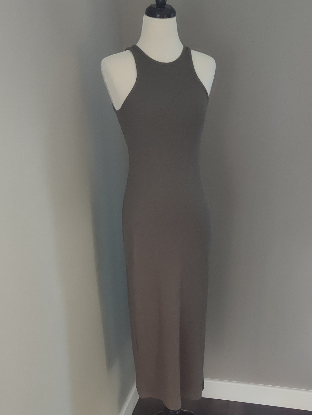French Connection Stretch Brown Heathered Ribbed Tank Maxi Dress With Side Slit